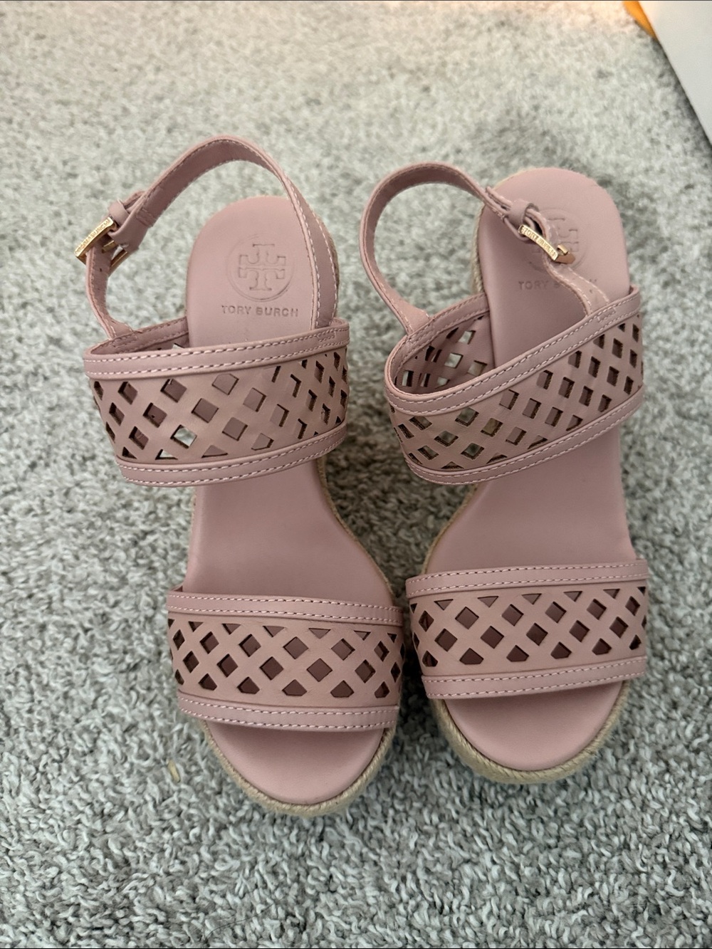 Tory Burch Dusty Rose Laser-Cut Wedge Sandals